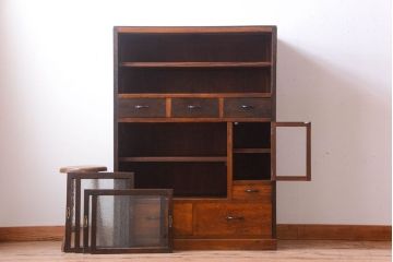 アンティーク家具　和製アンティーク　結霜ガラス入り!古い木の食器棚(収納棚・戸棚)