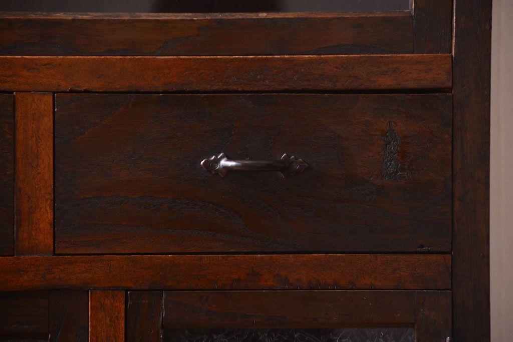 アンティーク家具　和製アンティーク　結霜ガラス入り!古い木の食器棚(収納棚・戸棚)