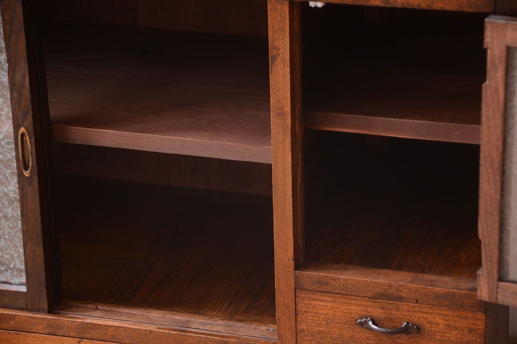 アンティーク家具　和製アンティーク　結霜ガラス入り!古い木の食器棚(収納棚・戸棚)