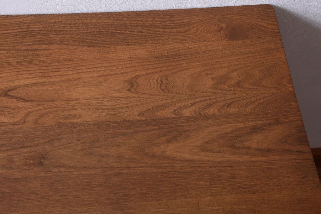 レトロ家具　昭和レトロ　古いナラ材製のシンプルなアンティーク片袖机(2)