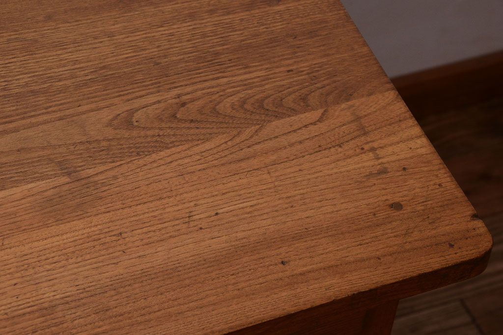 レトロ家具　昭和レトロ　古いナラ材製のシンプルなアンティーク片袖机(2)