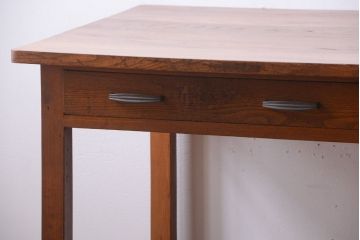 レトロ家具　昭和レトロ　古いナラ材製のシンプルなアンティーク片袖机(2)