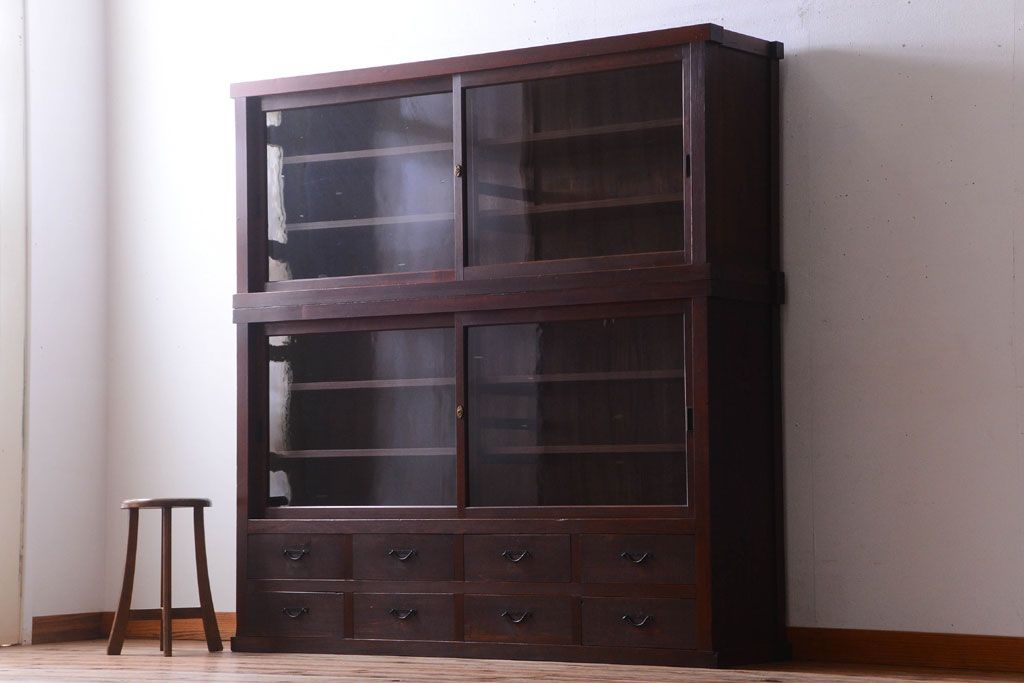 アンティーク家具　古民具・骨董　明治〜大正　檜材のアンティーク重ね戸棚(収納棚)