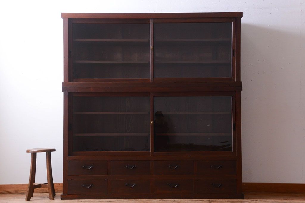 アンティーク家具　古民具・骨董　明治〜大正　檜材のアンティーク重ね戸棚(収納棚)