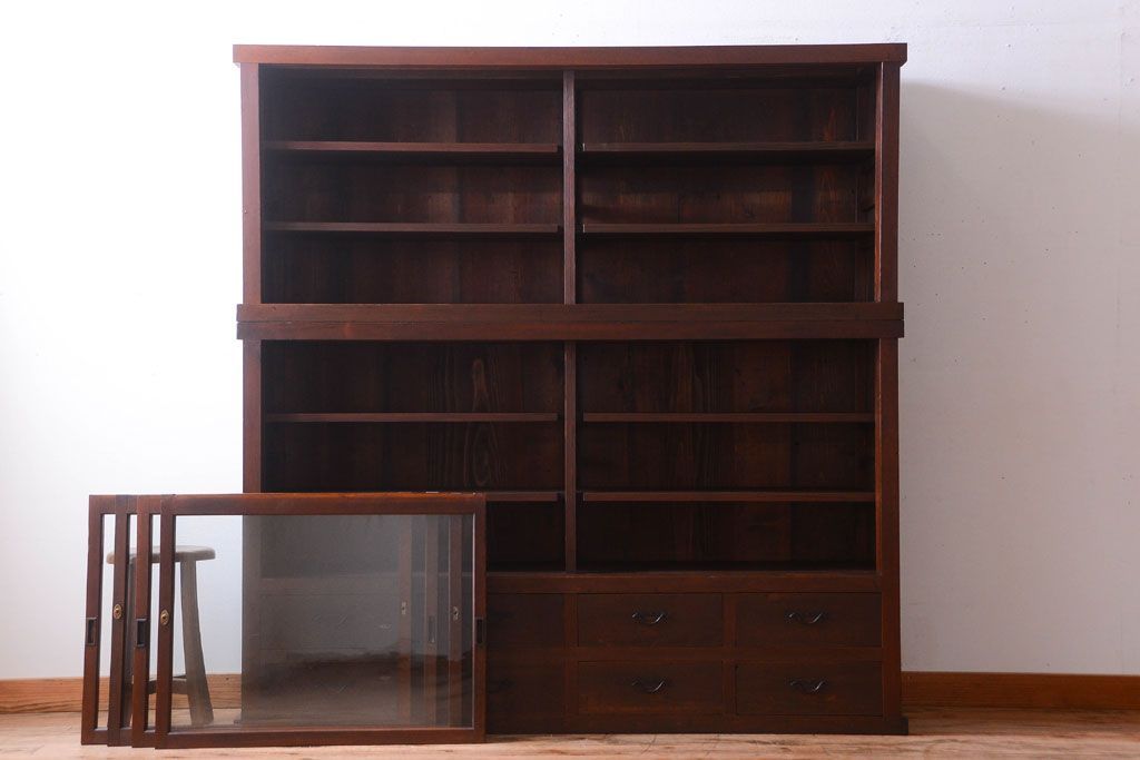 アンティーク家具　古民具・骨董　明治〜大正　檜材のアンティーク重ね戸棚(収納棚)