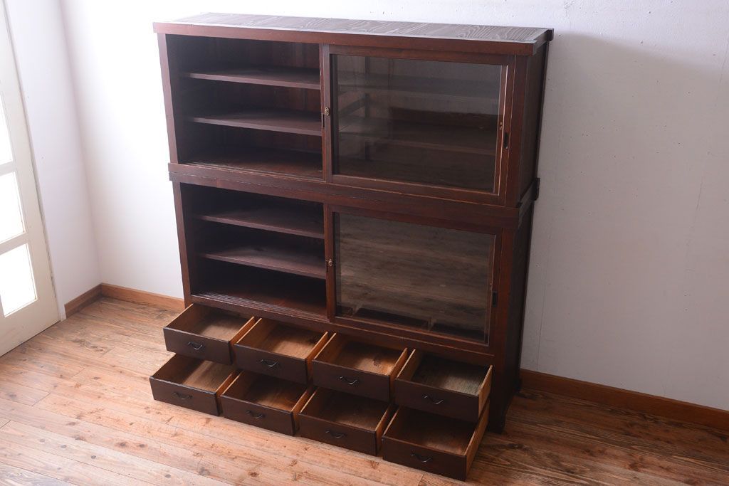 アンティーク家具　古民具・骨董　明治〜大正　檜材のアンティーク重ね戸棚(収納棚)