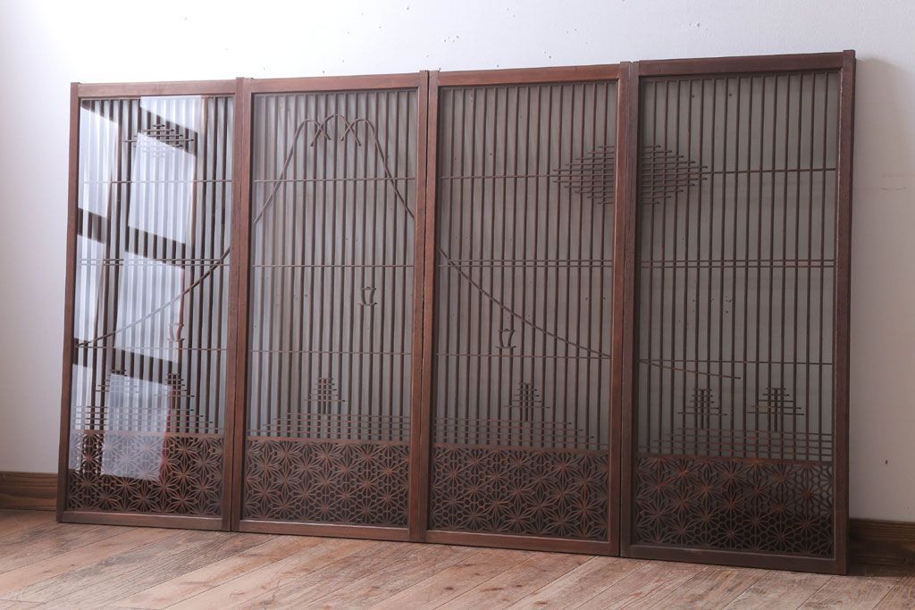 和製アンティーク　両面ガラス書院戸4枚セット(富士山)