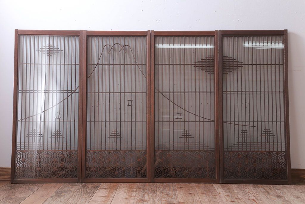 和製アンティーク　両面ガラス書院戸4枚セット(富士山)