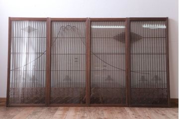 和製アンティーク　両面ガラス書院戸4枚セット(富士山)