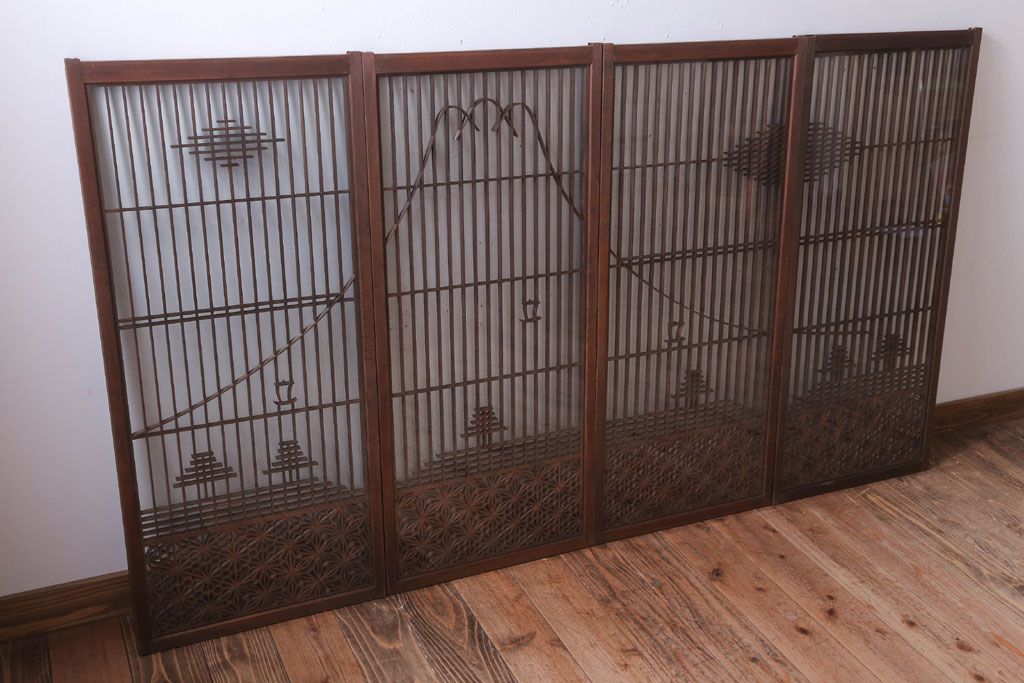 和製アンティーク　両面ガラス書院戸4枚セット(富士山)