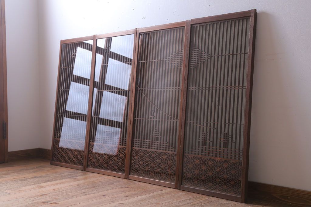 和製アンティーク　両面ガラス書院戸4枚セット(富士山)