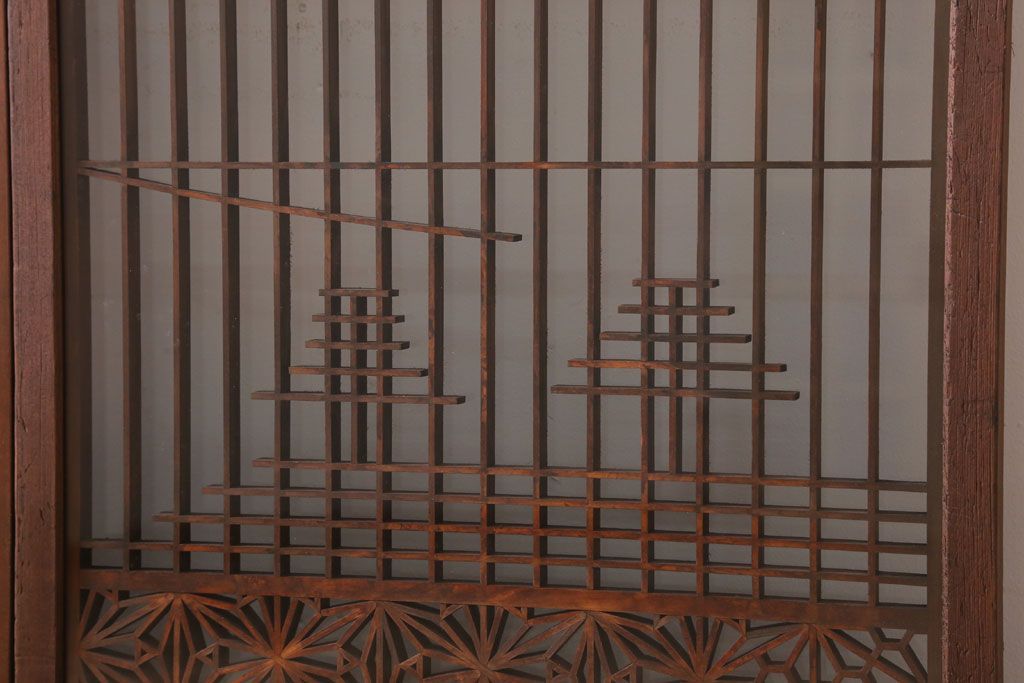 和製アンティーク　両面ガラス書院戸4枚セット(富士山)