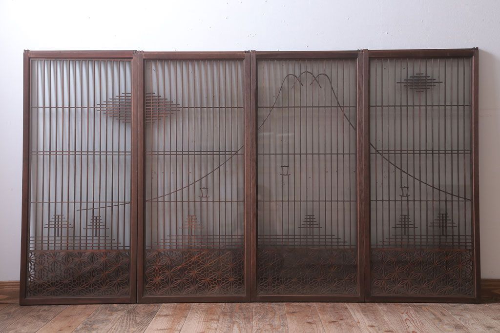和製アンティーク　両面ガラス書院戸4枚セット(富士山)
