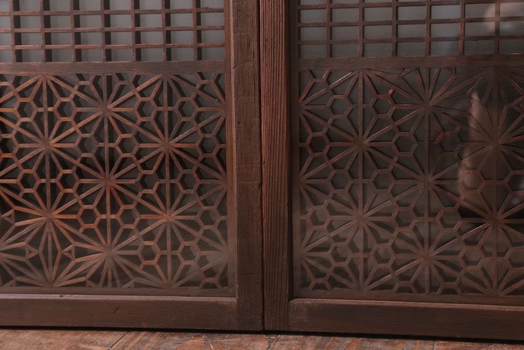 和製アンティーク　両面ガラス書院戸4枚セット(富士山)