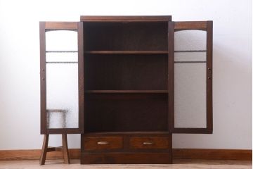 アンティーク家具　和製アンティーク　ダイヤガラス入り!古い木の小ぶりな引き出し付き本箱