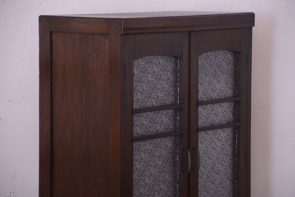 アンティーク家具　和製アンティーク　ダイヤガラス入り!古い木の小ぶりな引き出し付き本箱