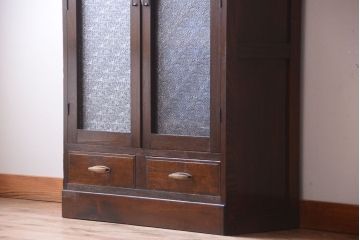 アンティーク家具　和製アンティーク　ダイヤガラス入り!古い木の小ぶりな引き出し付き本箱