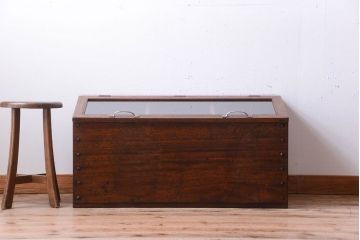 和製アンティーク　ガラス窓付き!古い木の収納箱