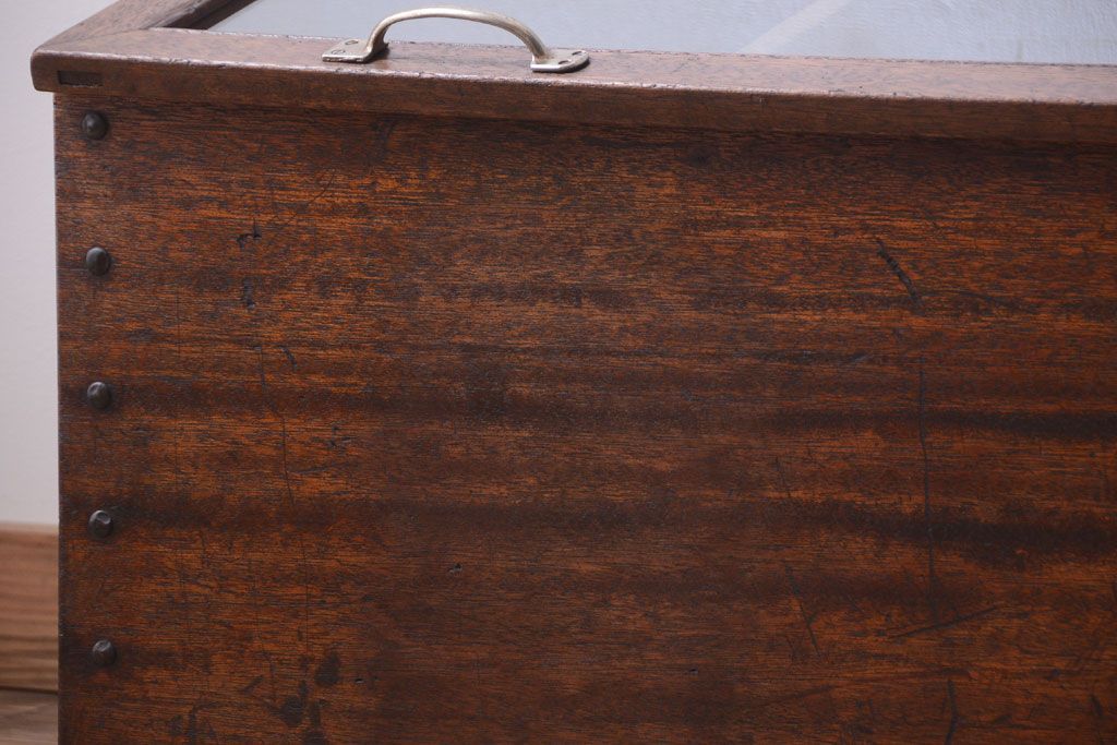 和製アンティーク　ガラス窓付き!古い木の収納箱