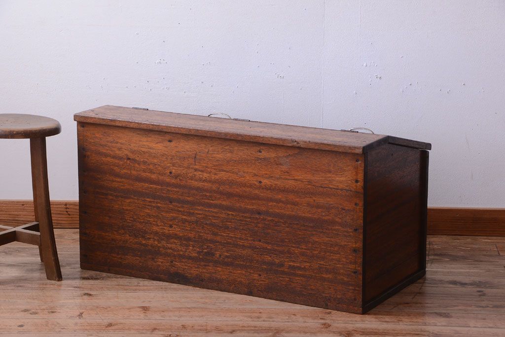 和製アンティーク　ガラス窓付き!古い木の収納箱