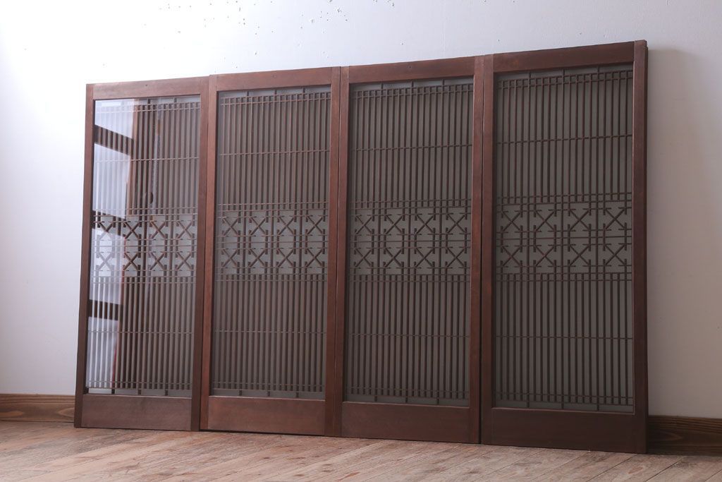 和製アンティーク　すりガラス入り!古い木の書院ガラス戸4枚セット