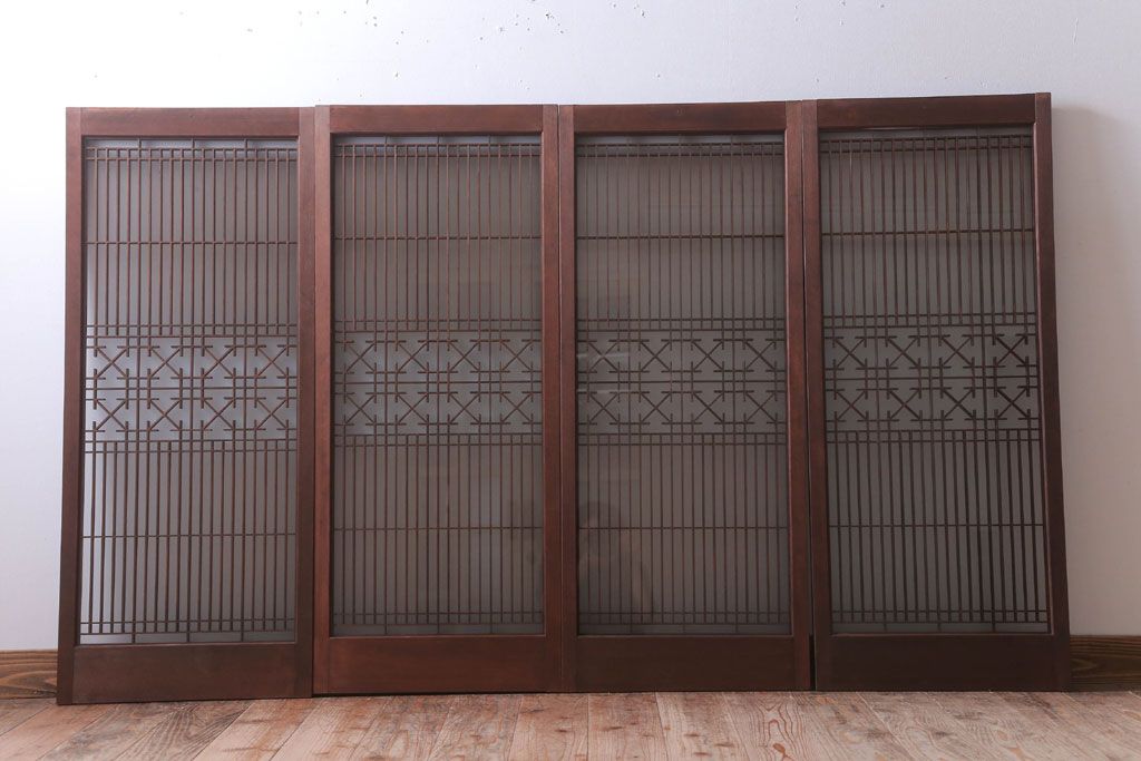 和製アンティーク　すりガラス入り!古い木の書院ガラス戸4枚セット