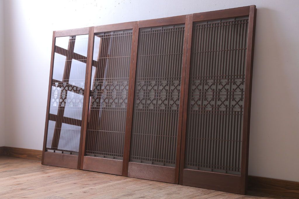 和製アンティーク　すりガラス入り!古い木の書院ガラス戸4枚セット