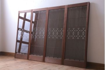 和製アンティーク　すりガラス入り!古い木の書院ガラス戸4枚セット