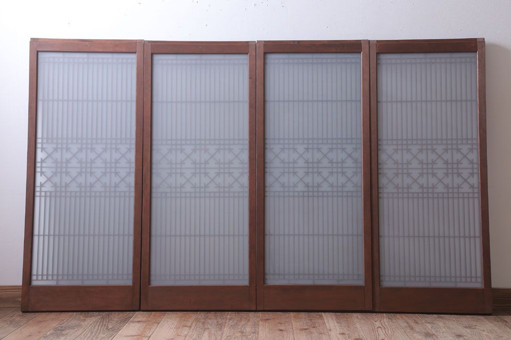 和製アンティーク　すりガラス入り!古い木の書院ガラス戸4枚セット