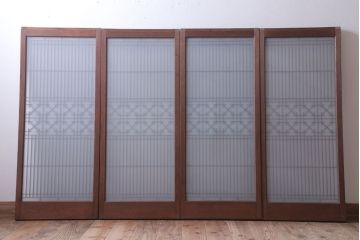 和製アンティーク　すりガラス入り!古い木の書院ガラス戸4枚セット