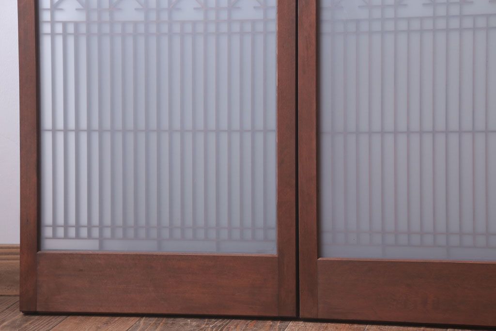 和製アンティーク　すりガラス入り!古い木の書院ガラス戸4枚セット