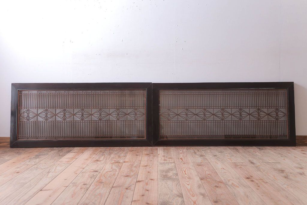 アンティーク雑貨 古民具・骨董 古い木製のガラス書院欄間2枚セット(明かり取り)