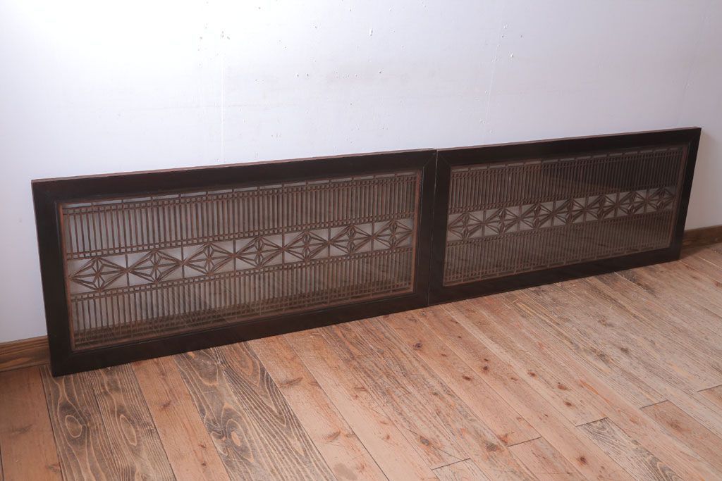 アンティーク雑貨 古民具・骨董 古い木製のガラス書院欄間2枚セット(明かり取り)