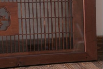 古民具・骨董　古い木の竹梅模様ガラス書院欄間(明かり取り)