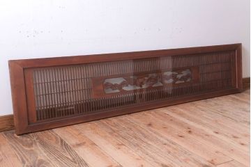 古民具・骨董　松に鷹　古い木のガラス書院欄間(明かり取り)