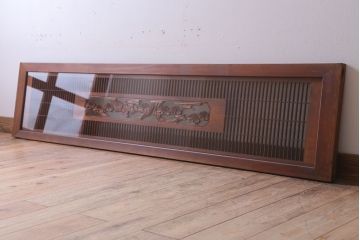 古民具・骨董　松に鷹　古い木のガラス書院欄間(明かり取り)