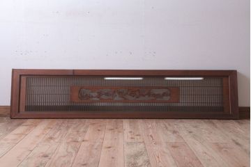 古民具・骨董　松に鷹　古い木のガラス書院欄間(明かり取り)