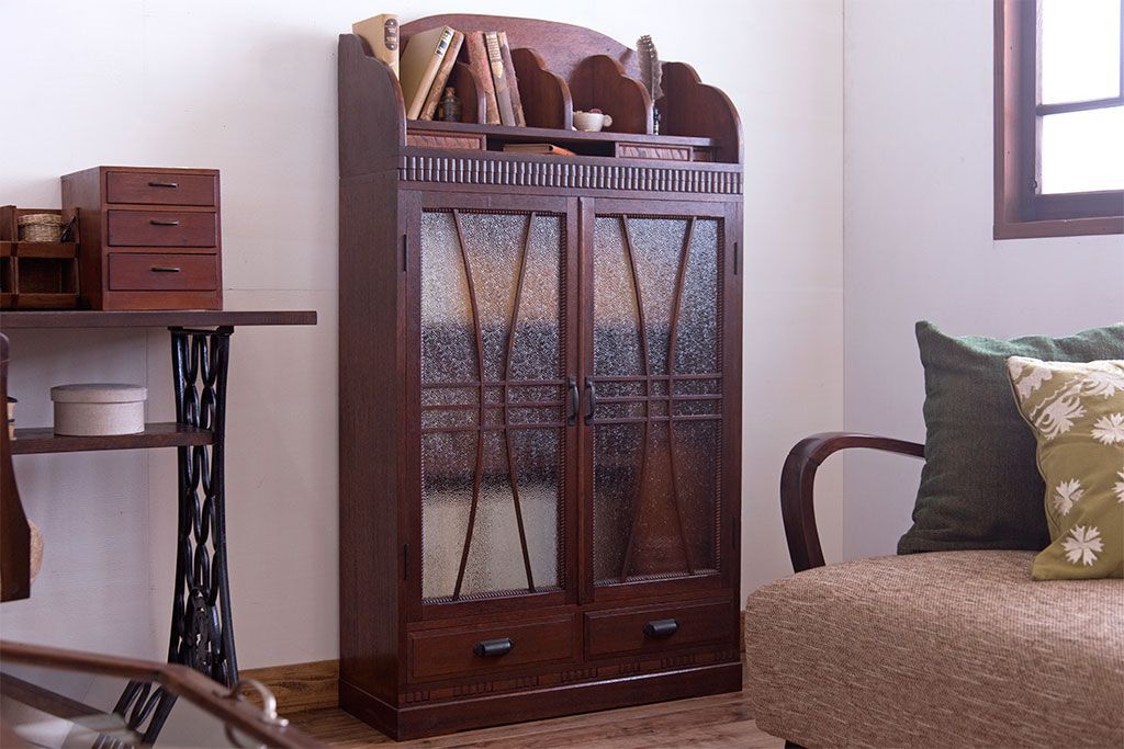 アンティーク家具　和製アンティーク　変わり型!ダイヤガラス入りの重ね本箱(収納棚・戸棚)