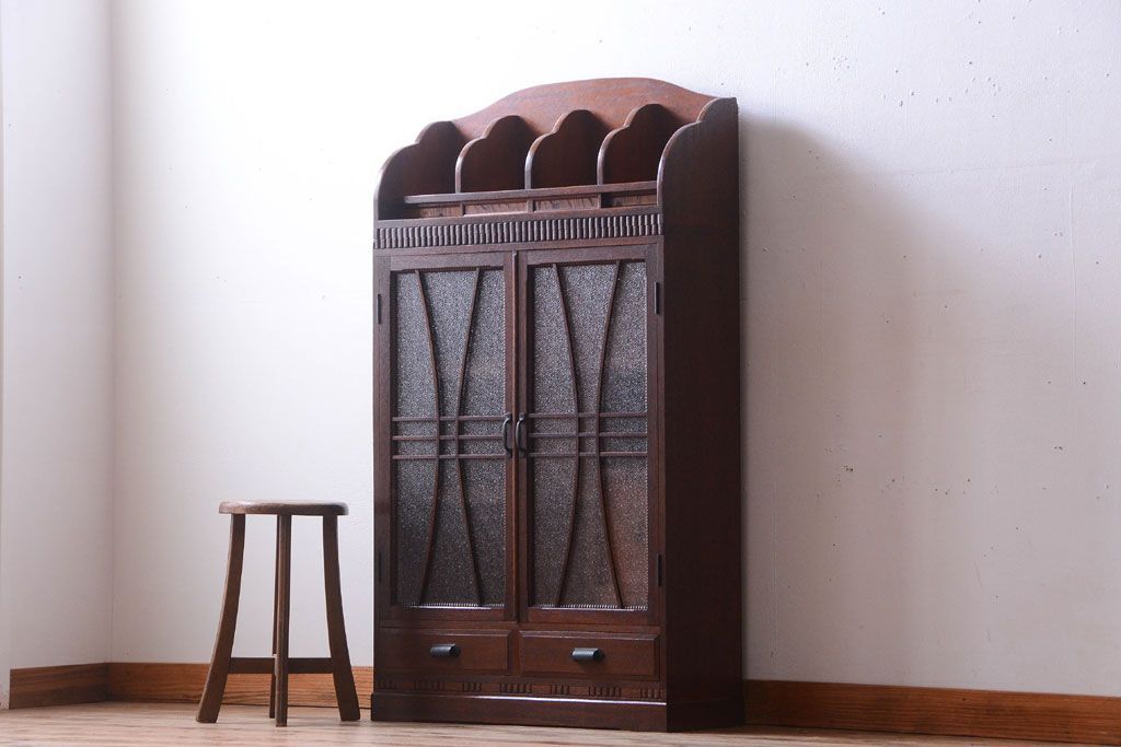 アンティーク家具　和製アンティーク　変わり型!ダイヤガラス入りの重ね本箱(収納棚・戸棚)