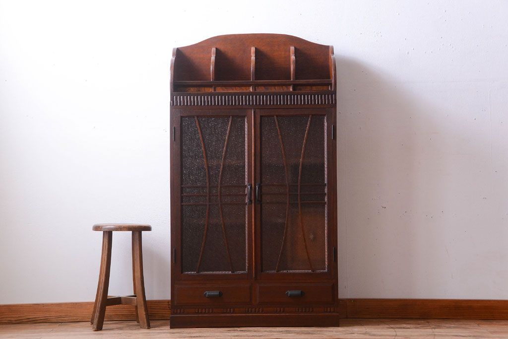 アンティーク家具　和製アンティーク　変わり型!ダイヤガラス入りの重ね本箱(収納棚・戸棚)