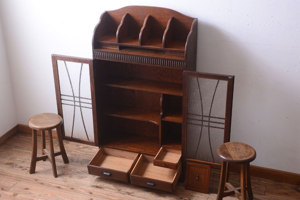 アンティーク家具　和製アンティーク　変わり型!ダイヤガラス入りの重ね本箱(収納棚・戸棚)