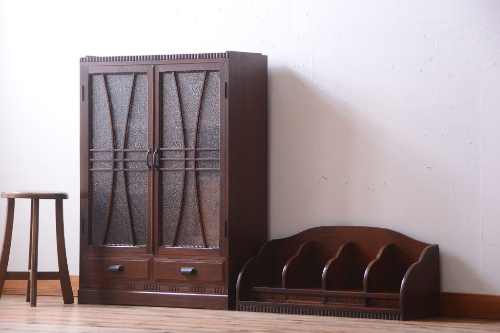 アンティーク家具　和製アンティーク　変わり型!ダイヤガラス入りの重ね本箱(収納棚・戸棚)