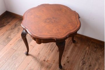 アンティーク家具　イギリスアンティーク　ウォールナット・オーク材の彫刻・象嵌入り最高級ダイニングテーブル
