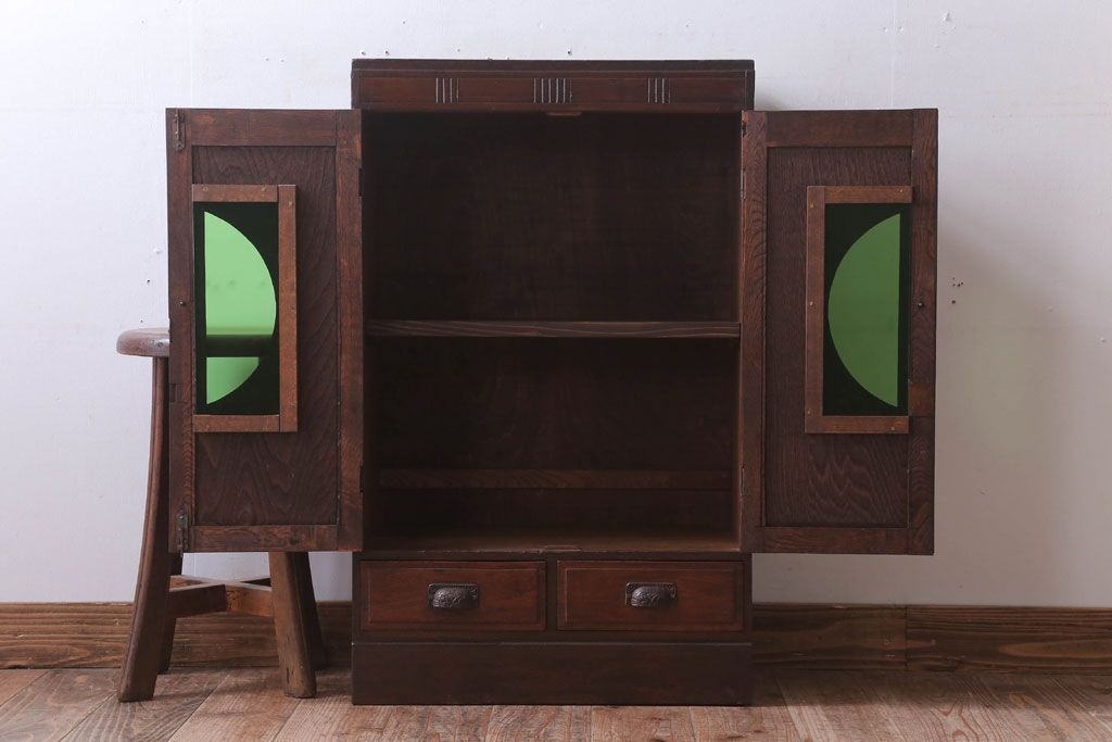 アンティーク家具　和製アンティーク　色ガラス入り!おしゃれなデザインのアンティーク本箱(ブックケース)