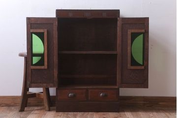 アンティーク家具　和製アンティーク　色ガラス入り!おしゃれなデザインのアンティーク本箱(ブックケース)