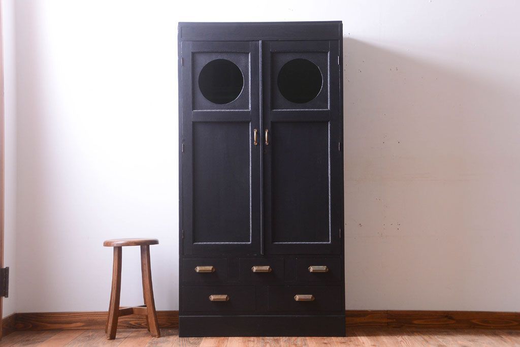 アンティーク家具　アンティークペイント　色ガラス入り!おしゃれなデザインのアンティーク本箱(ブックケース)