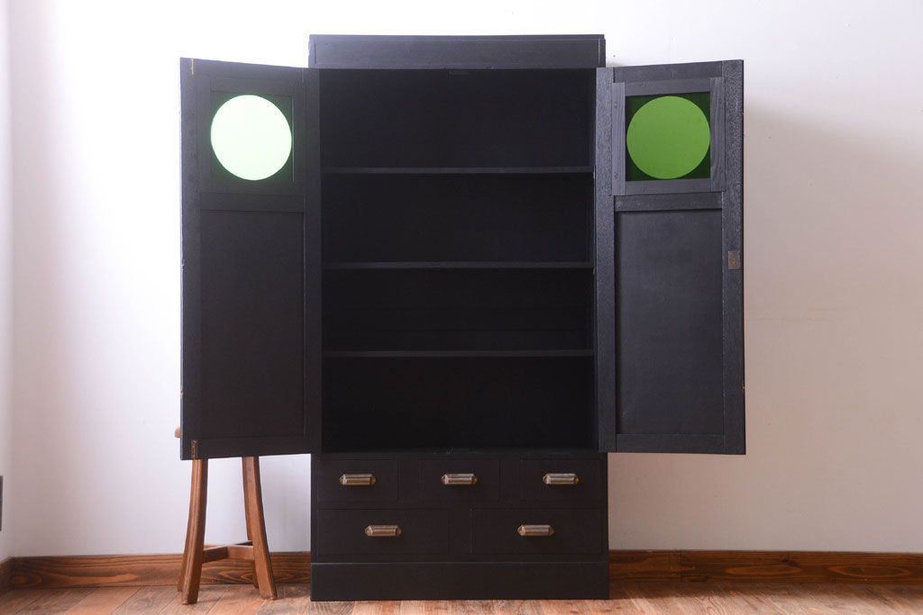 アンティーク家具　アンティークペイント　色ガラス入り!おしゃれなデザインのアンティーク本箱(ブックケース)