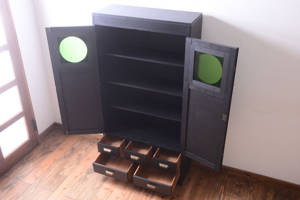 アンティーク家具　アンティークペイント　色ガラス入り!おしゃれなデザインのアンティーク本箱(ブックケース)