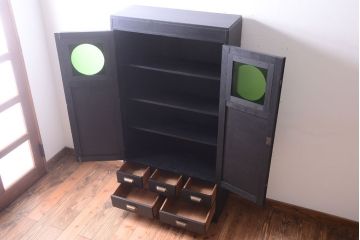 アンティーク家具　アンティークペイント　色ガラス入り!おしゃれなデザインのアンティーク本箱(ブックケース)