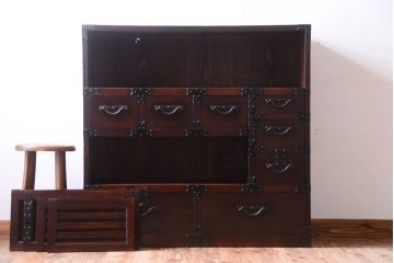 アンティーク家具　古民具・骨董　明治　上手物!古金具付きの三方欅材帳場箪笥